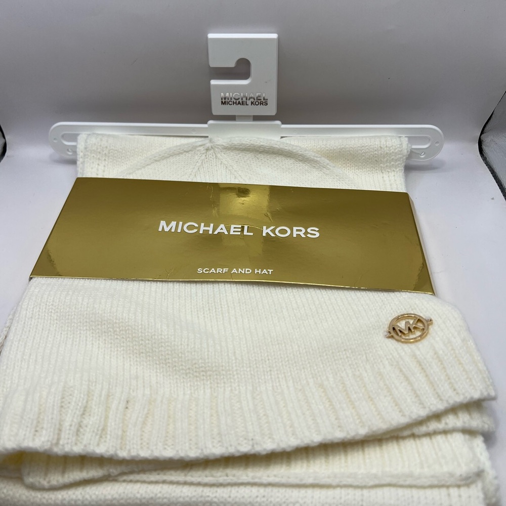 Michael Kors Gold and Cream Scarf and Hat Set